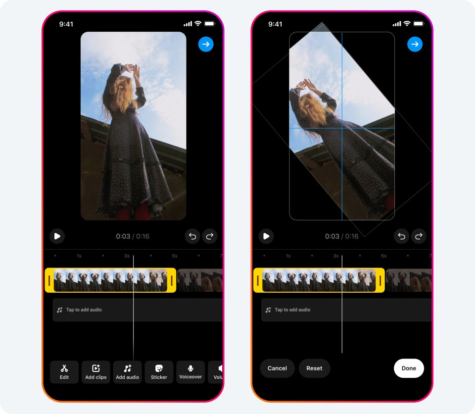 Два екрани редактора Instagram Reels: монтаж кліпу та зміна кадрування відео